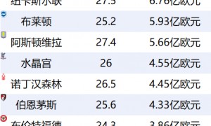 英超身价排行:枪手壕购迫近曼城 红军迎新星